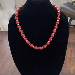 Vintage 80s Red Round Acrylic Beaded Gold Tone‎ Luxury Statement Necklace